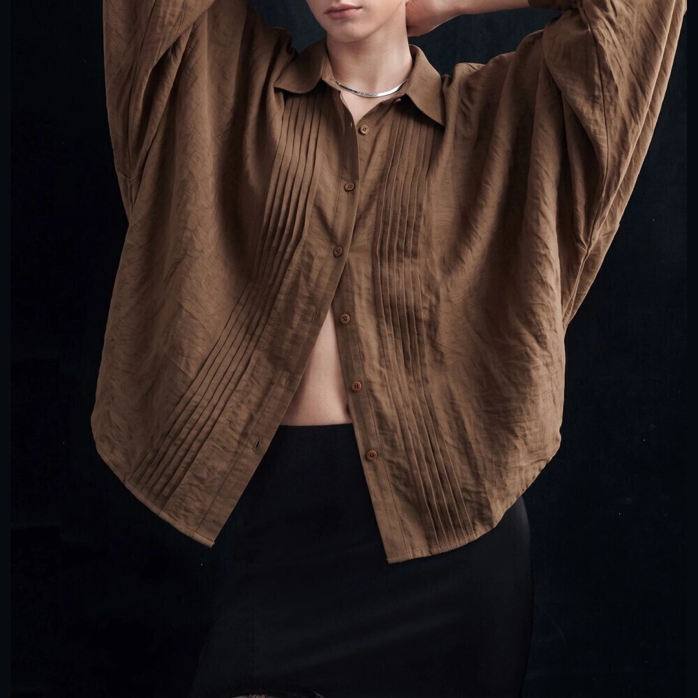 Brown Pintuck Pleated Front Long Sleeve Button Up Blouse